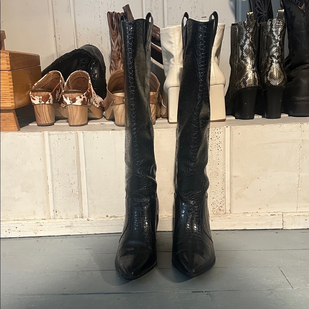 Black Croc-Embossed Knee-High Boots